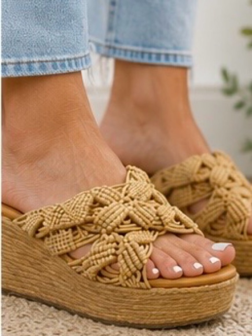 Free People Macramé Platform Wedge Sandals Tan Size 9.5 Boho